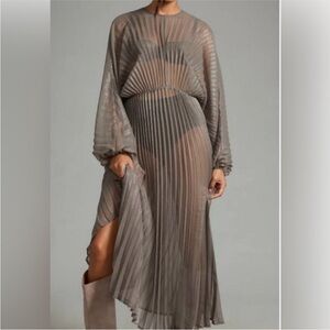 NWT Anthropologie Sheer Pleated Long Sleeve Silver Kaftan Maxi Dress